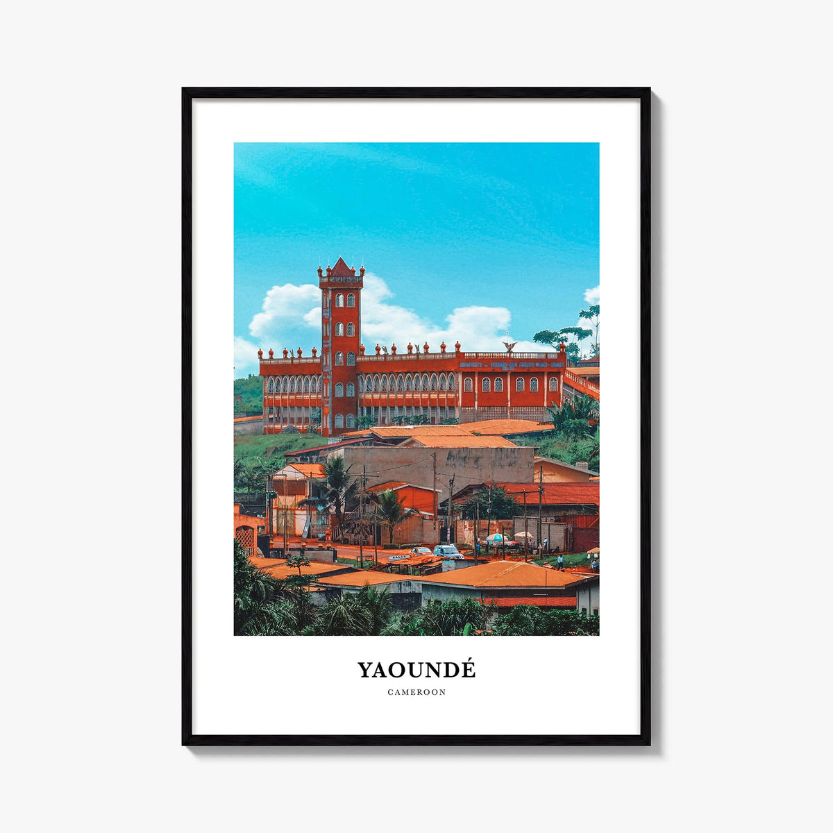 Yaoundé colorful classic poster of Cameroon – vertical wall art, unframed print shown in interior mockup