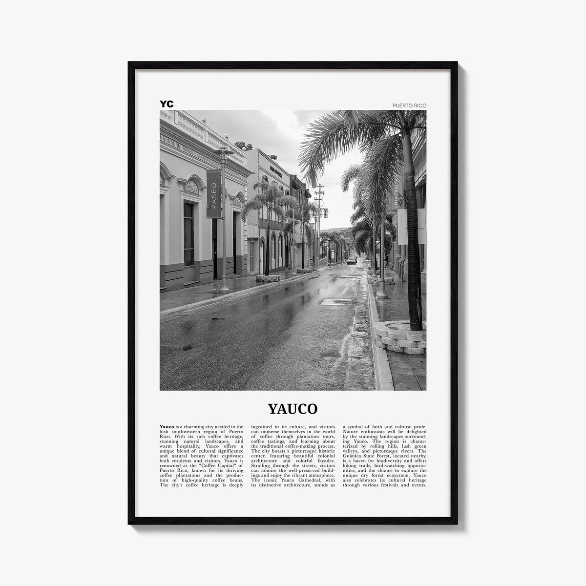 Yauco black & white newspaper poster of Puerto Rico – vertical wall art, unframed print shown in interior mockup
