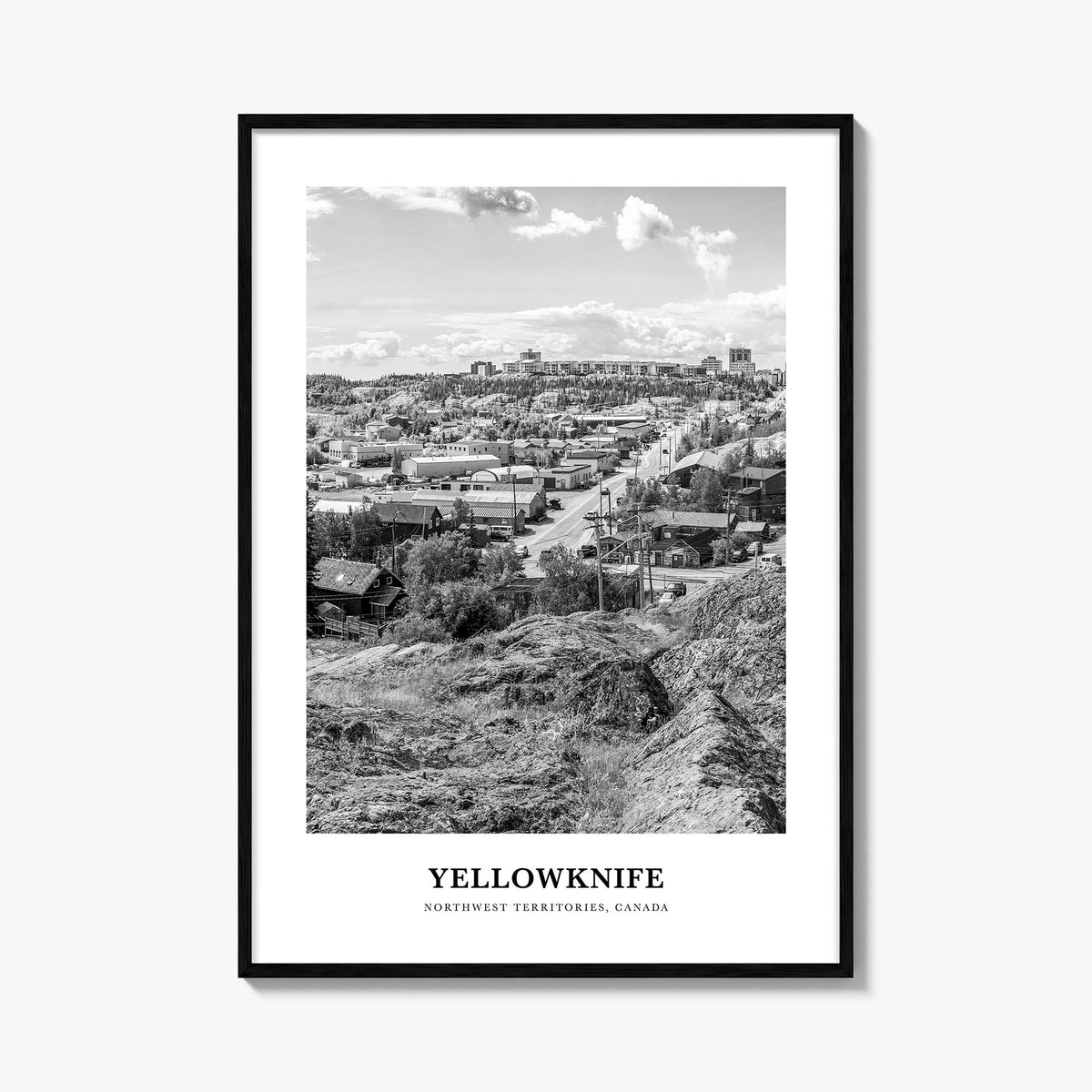 Yellowknife black & white classic poster of Canada – vertical wall art, unframed print shown in interior mockup