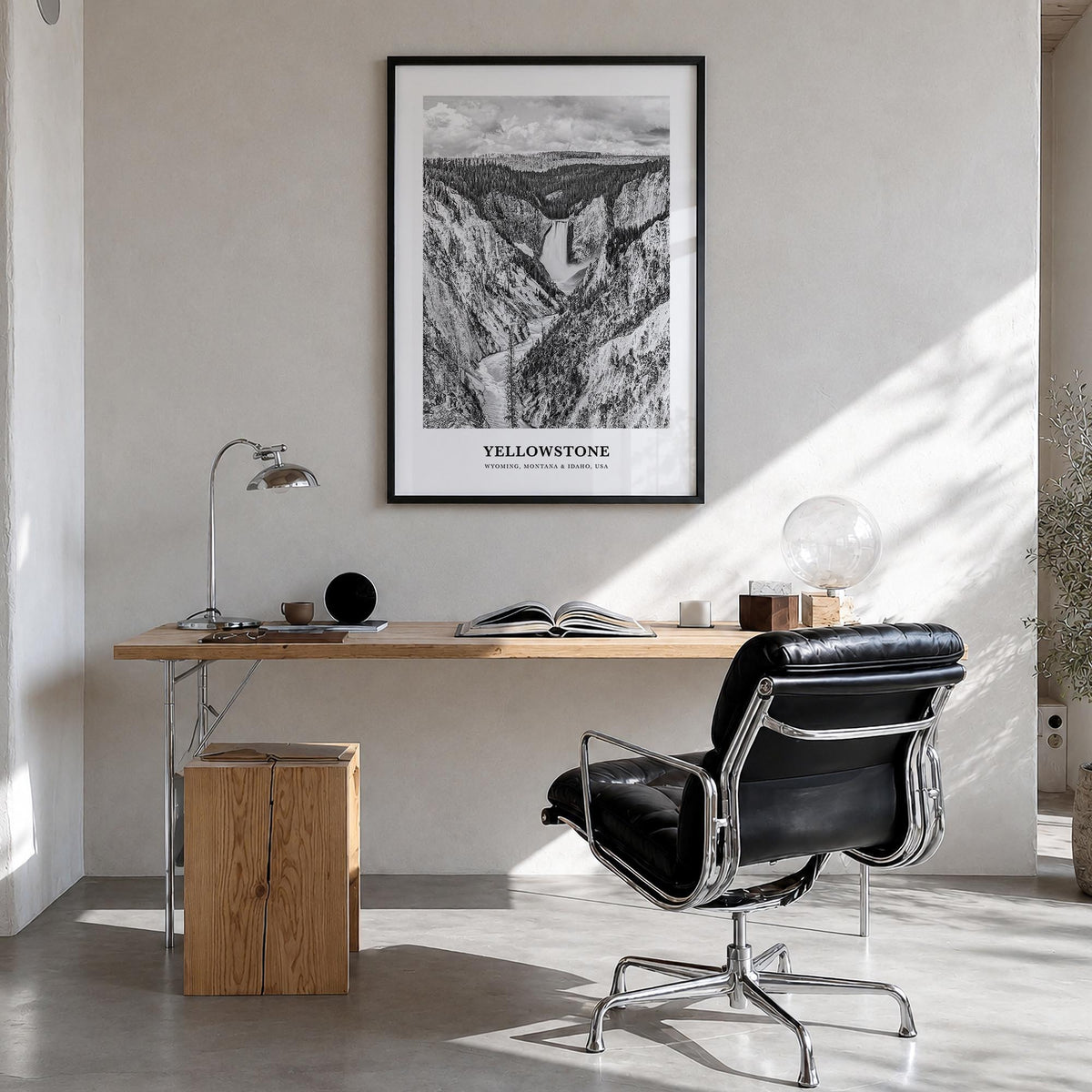 Yellowstone National Park black & white classic poster of Wyoming, Montana & Idaho, USA – vertical wall art in black wood fra