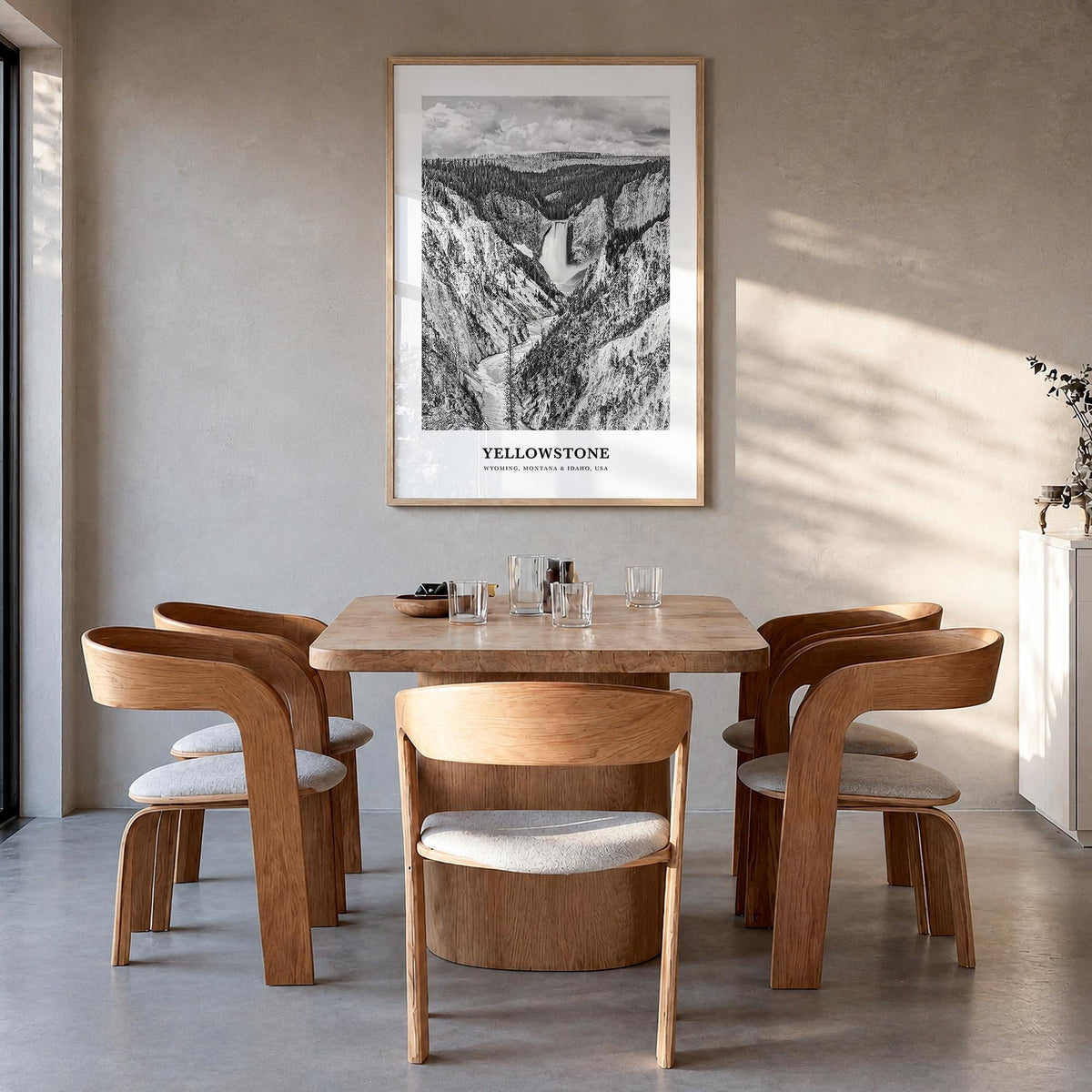 Yellowstone National Park black & white classic poster of Wyoming, Montana & Idaho, USA – vertical wall art in natural wood f