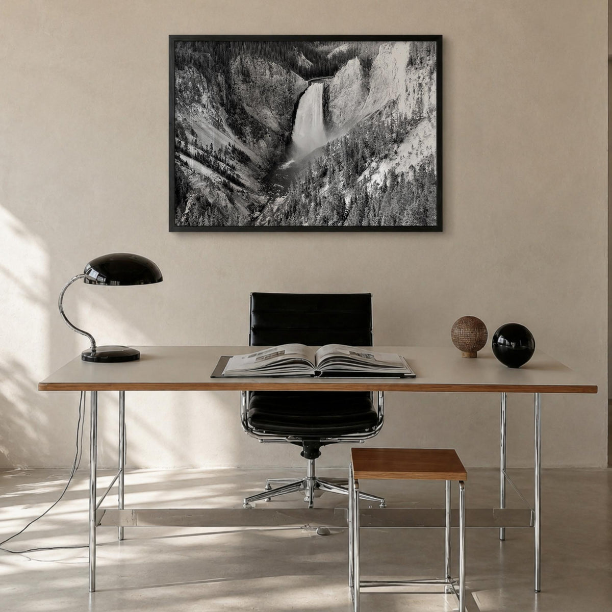 Yellowstone National Park black & white photo poster of Wyoming, Montana & Idaho, USA – horizontal wall art in black wood fra