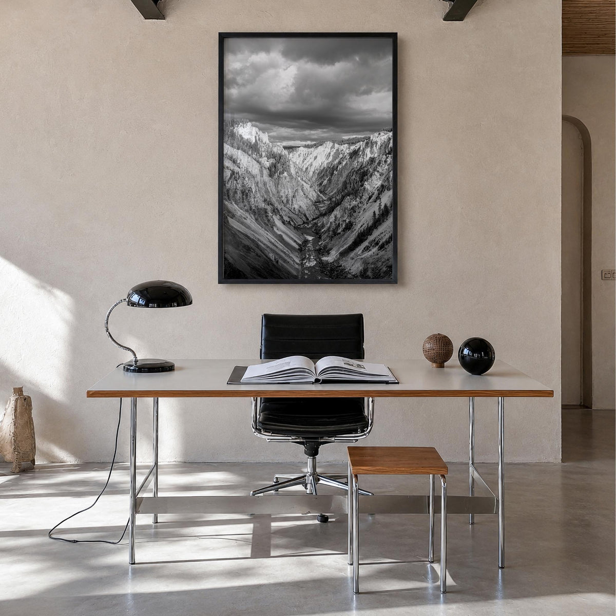 Yellowstone National Park black & white photo poster of Wyoming, Montana & Idaho, USA – vertical wall art in black wood frame