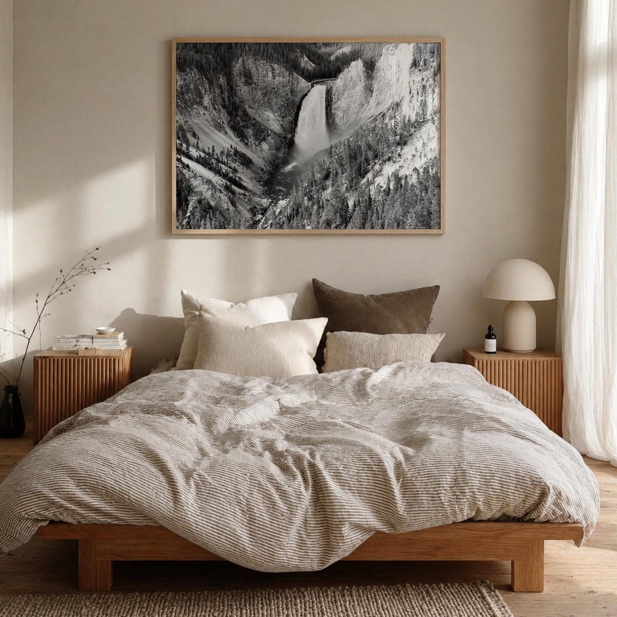Yellowstone National Park black & white photo poster of Wyoming, Montana & Idaho, USA – horizontal wall art in natural wood f