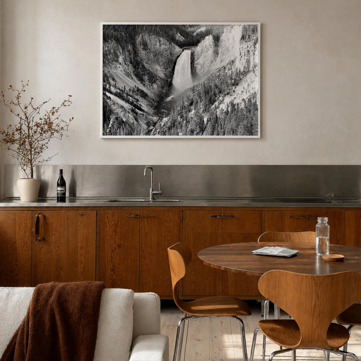 Yellowstone National Park black & white photo poster of Wyoming, Montana & Idaho, USA – horizontal wall art in white wood fra