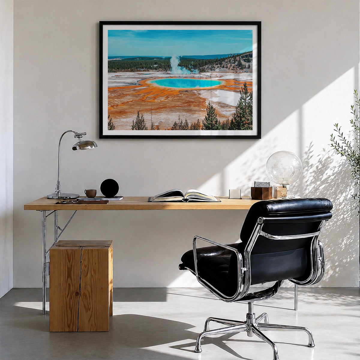 Yellowstone National Park colorful photo poster of Wyoming, Montana & Idaho, USA – horizontal wall art in black wood frame wi