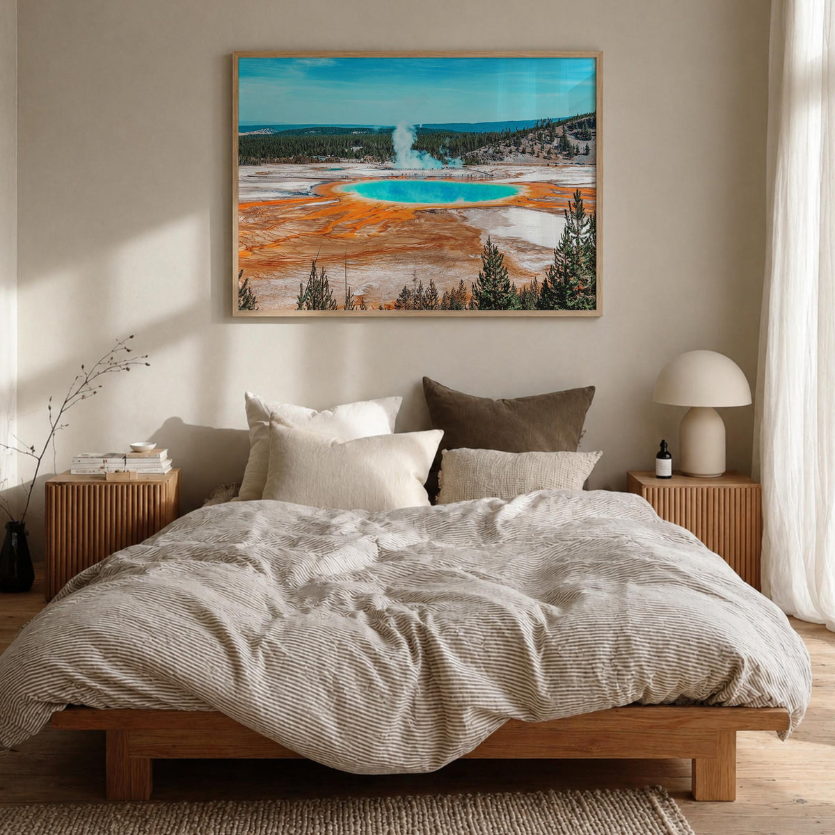 Yellowstone National Park colorful photo poster of Wyoming, Montana & Idaho, USA – horizontal wall art in natural wood frame,