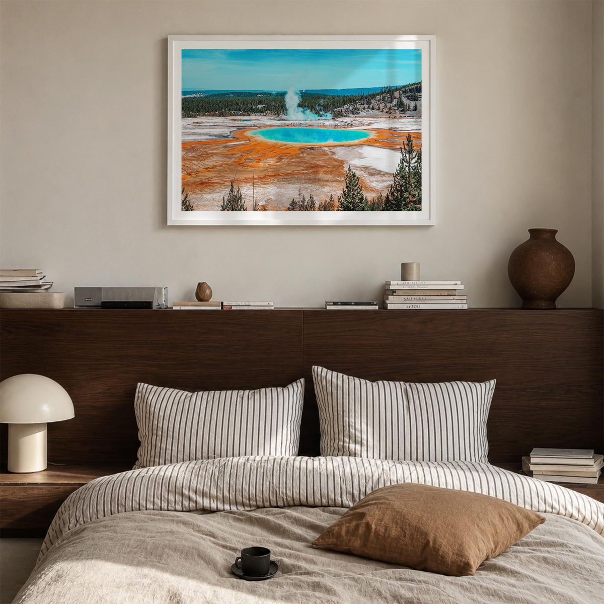 Yellowstone National Park colorful photo poster of Wyoming, Montana & Idaho, USA – horizontal wall art in white wood frame wi