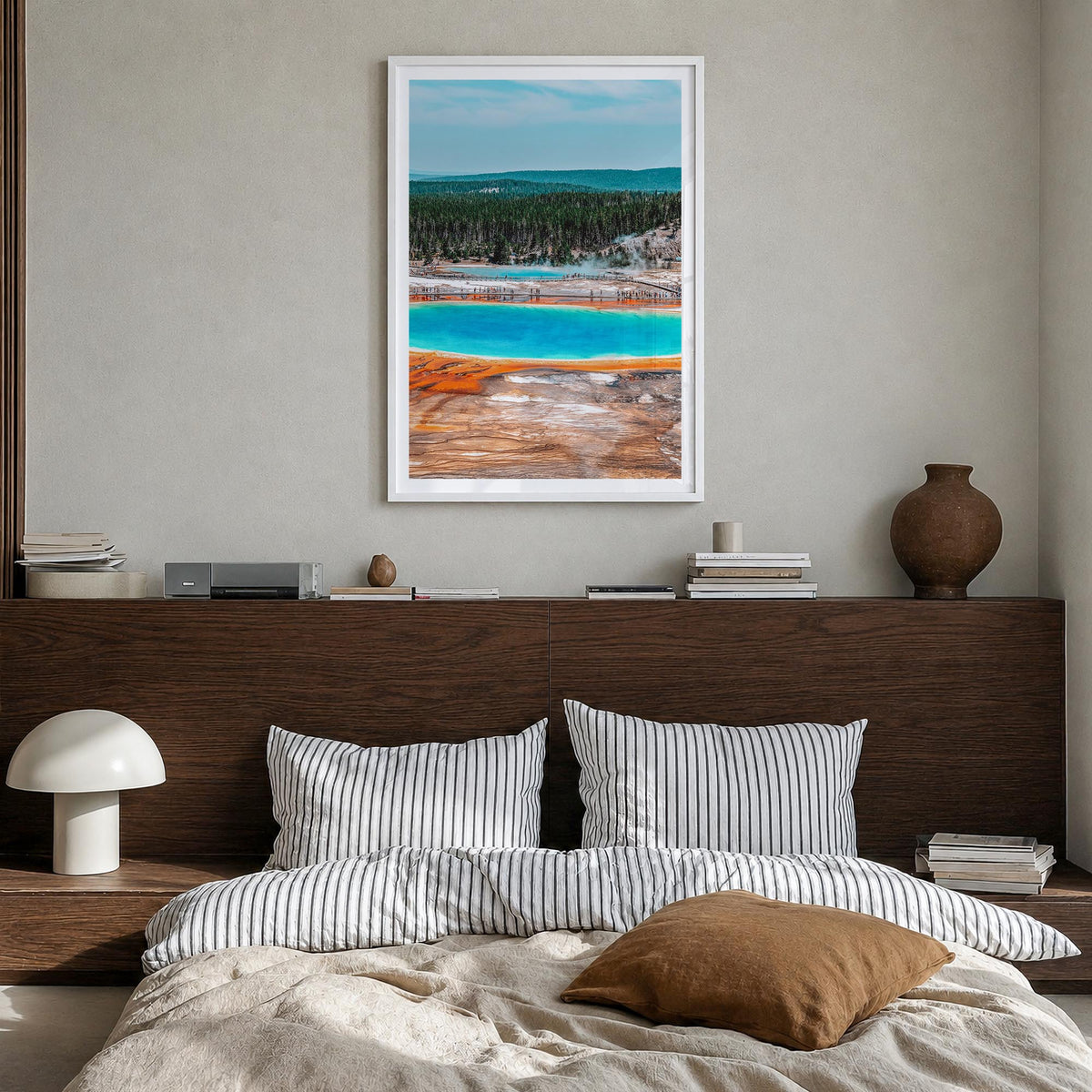 Yellowstone National Park no. 1 colorful photo poster of Wyoming, Montana & Idaho, USA – vertical wall art in white wood fram