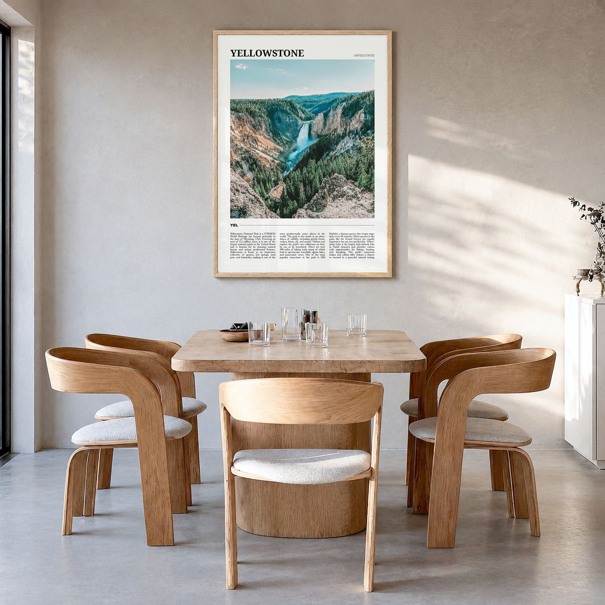 Yellowstone National Park Travel No 1 Poster in a natural wood frame, hanging in a dining room
