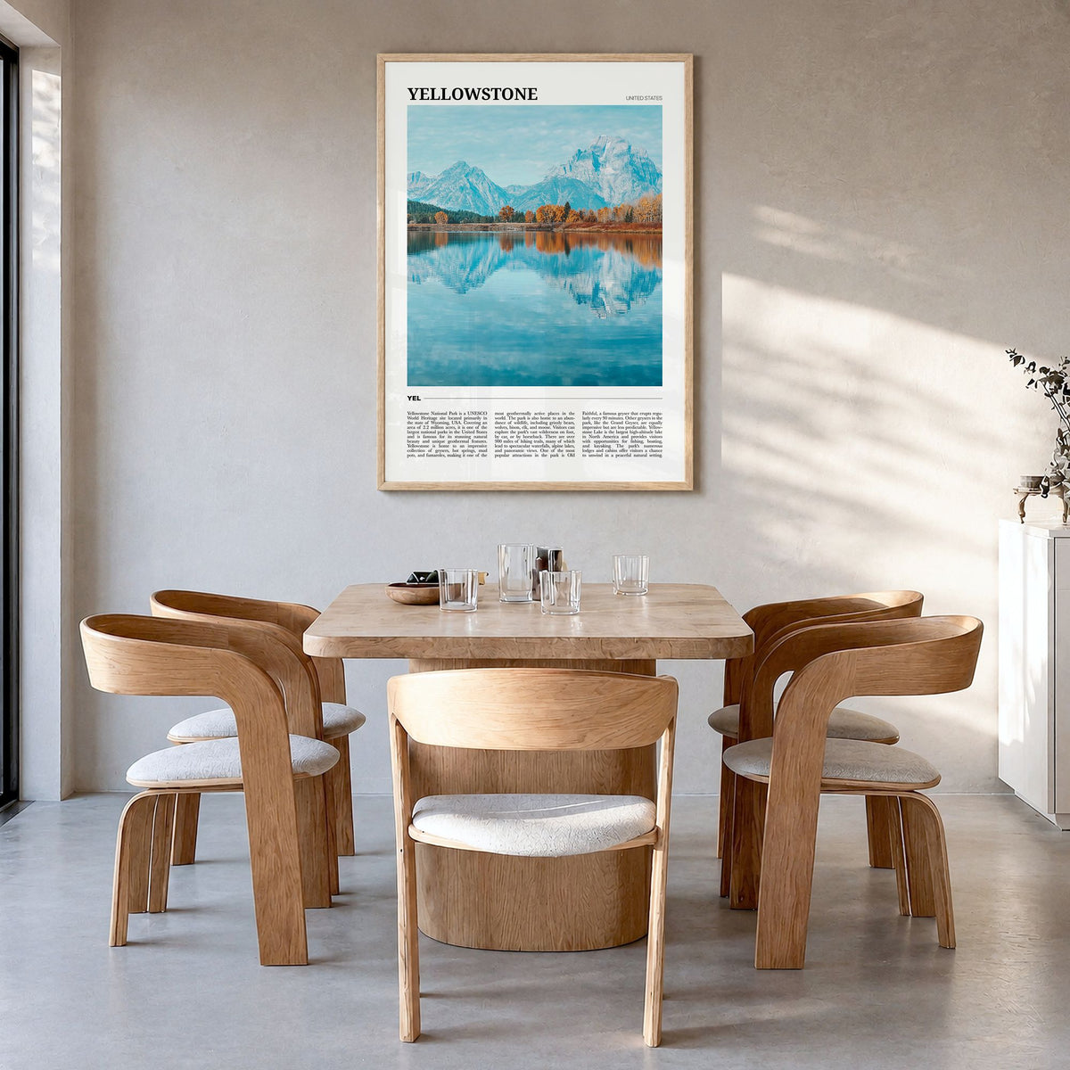 Yellowstone National Park Travel No 2 Poster in a natural wood frame, hanging in a dining room