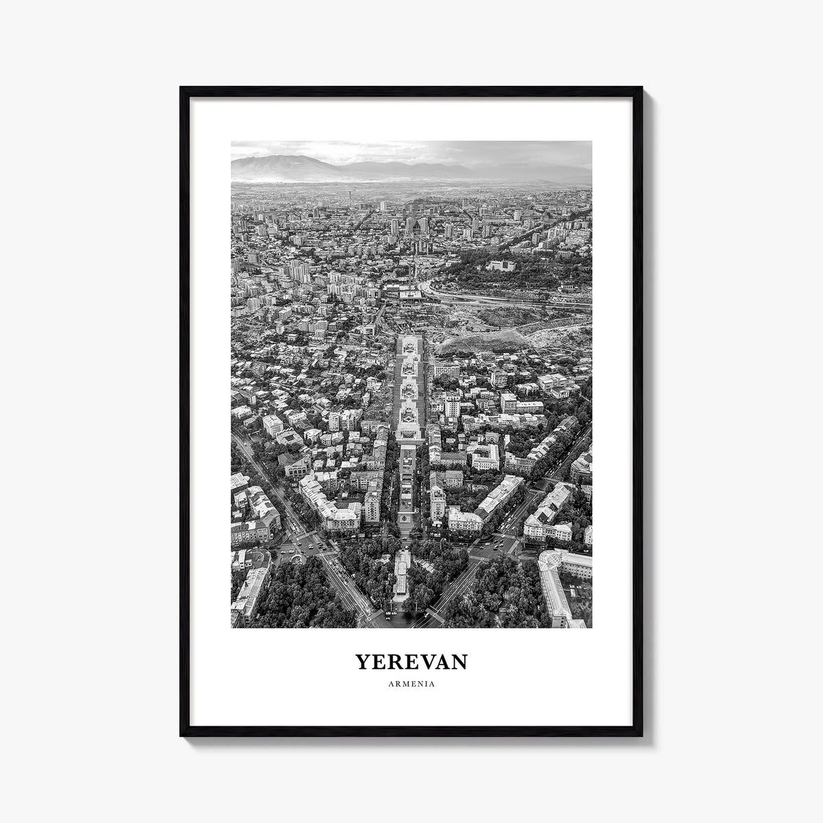 Yerevan black & white classic poster of Armenia – vertical wall art, unframed print shown in interior mockup
