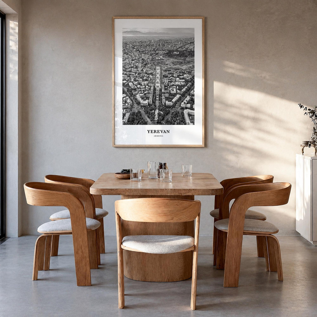 Yerevan black & white classic poster of Armenia – vertical wall art in natural wood frame, hanging on wall
