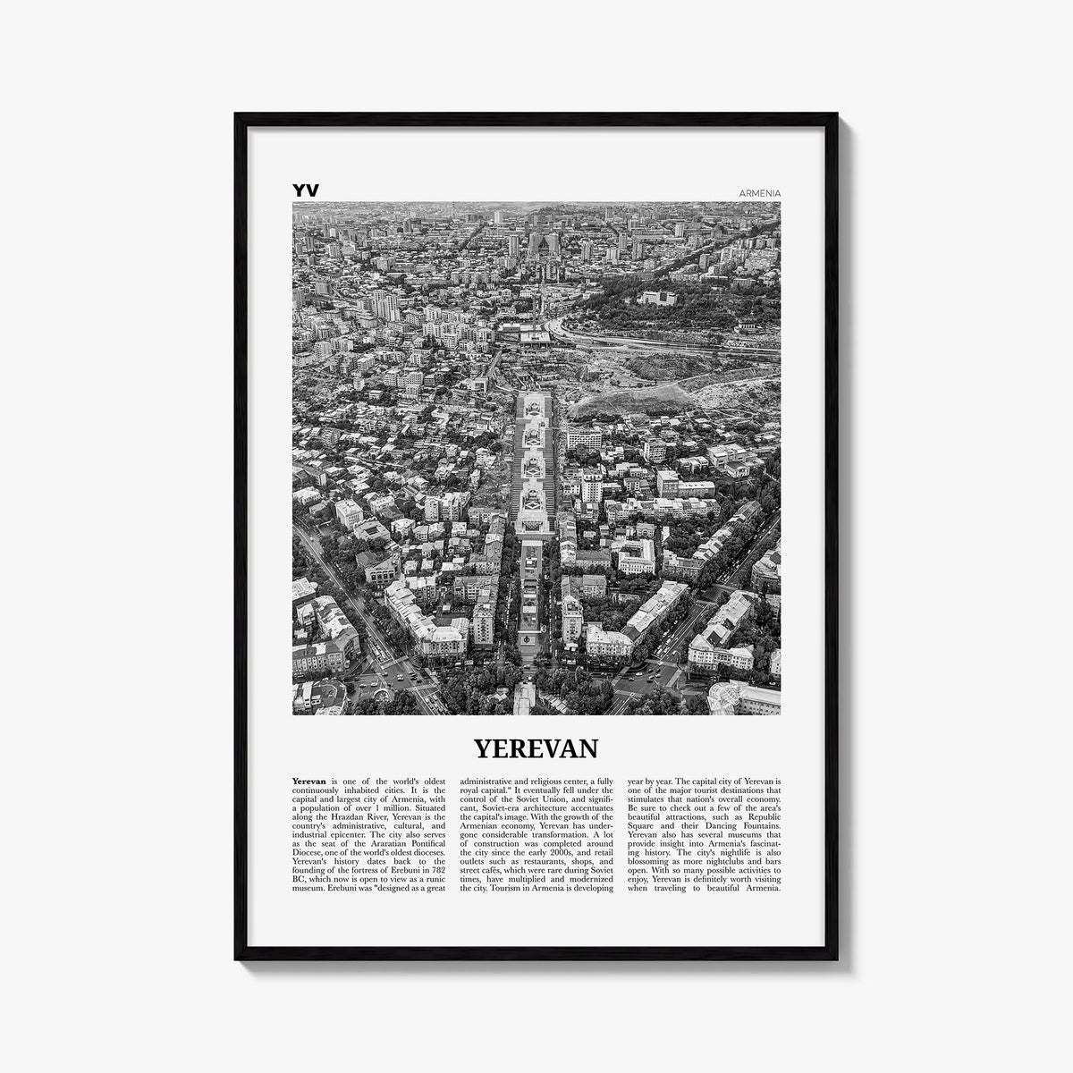 Yerevan black & white newspaper poster of Armenia – vertical wall art, unframed print shown in interior mockup
