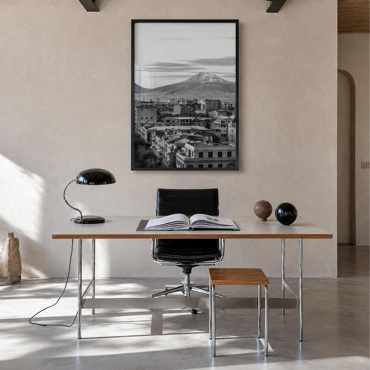 Yerevan black & white photo poster of Armenia – vertical wall art in black wood frame, hanging on wall