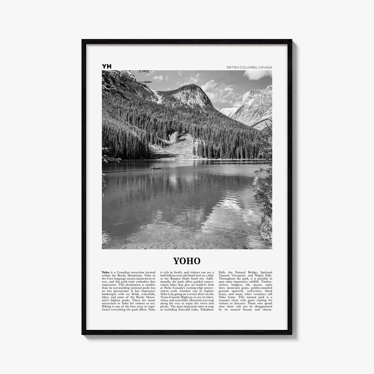 Yoho National Park black & white newspaper poster of Canada – vertical wall art, unframed print shown in interior mockup