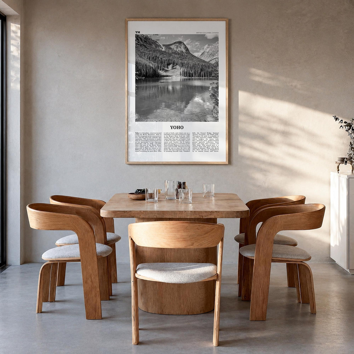 Yoho National Park black & white newspaper poster of Canada – vertical wall art in natural wood frame, hanging on wall