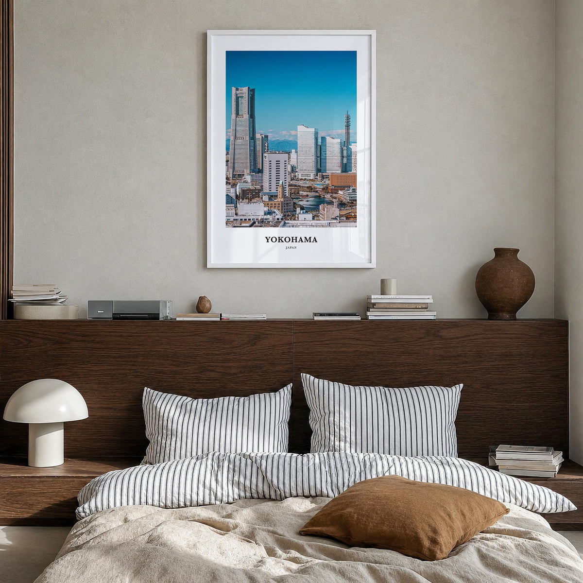 Yokohama colorful classic poster of Japan – vertical wall art in white wood frame, hanging on wall