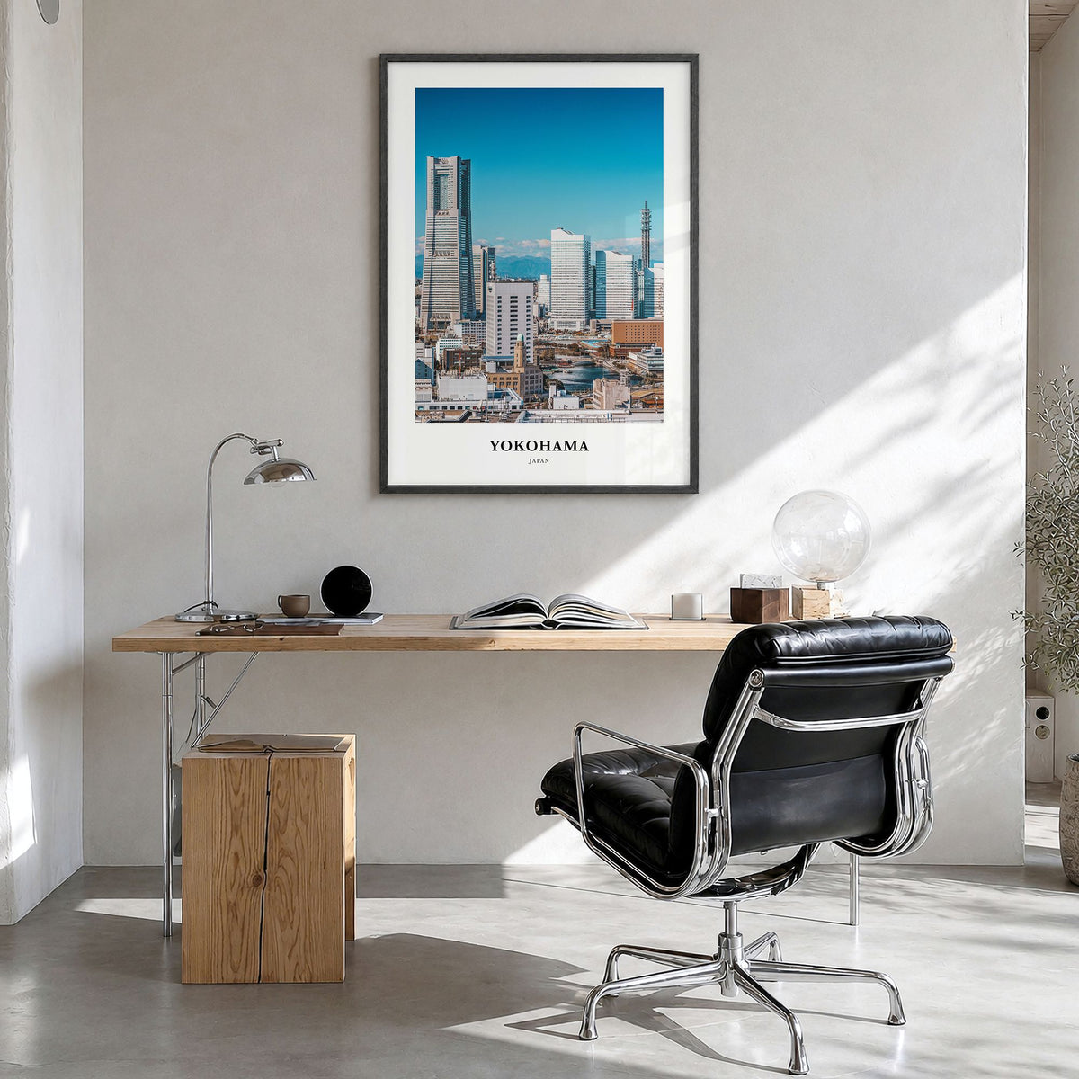 Yokohama Classic Poster in a black wood frame, hanging in a bright home office