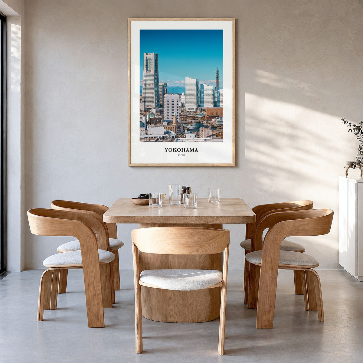 Yokohama Classic Poster in a natural wood frame, hanging in a dining room
