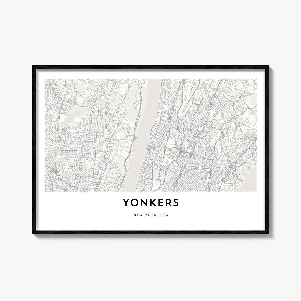 Yonkers black & white map poster of New York, USA – horizontal wall art, unframed print shown in interior mockup