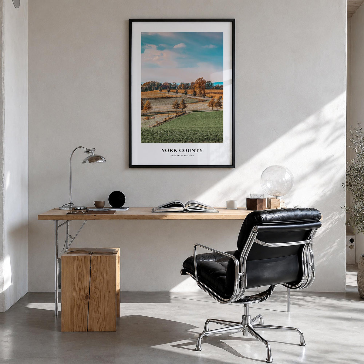 York County colorful classic poster of Pennsylvania, USA – vertical wall art in black wood frame, hanging on wall