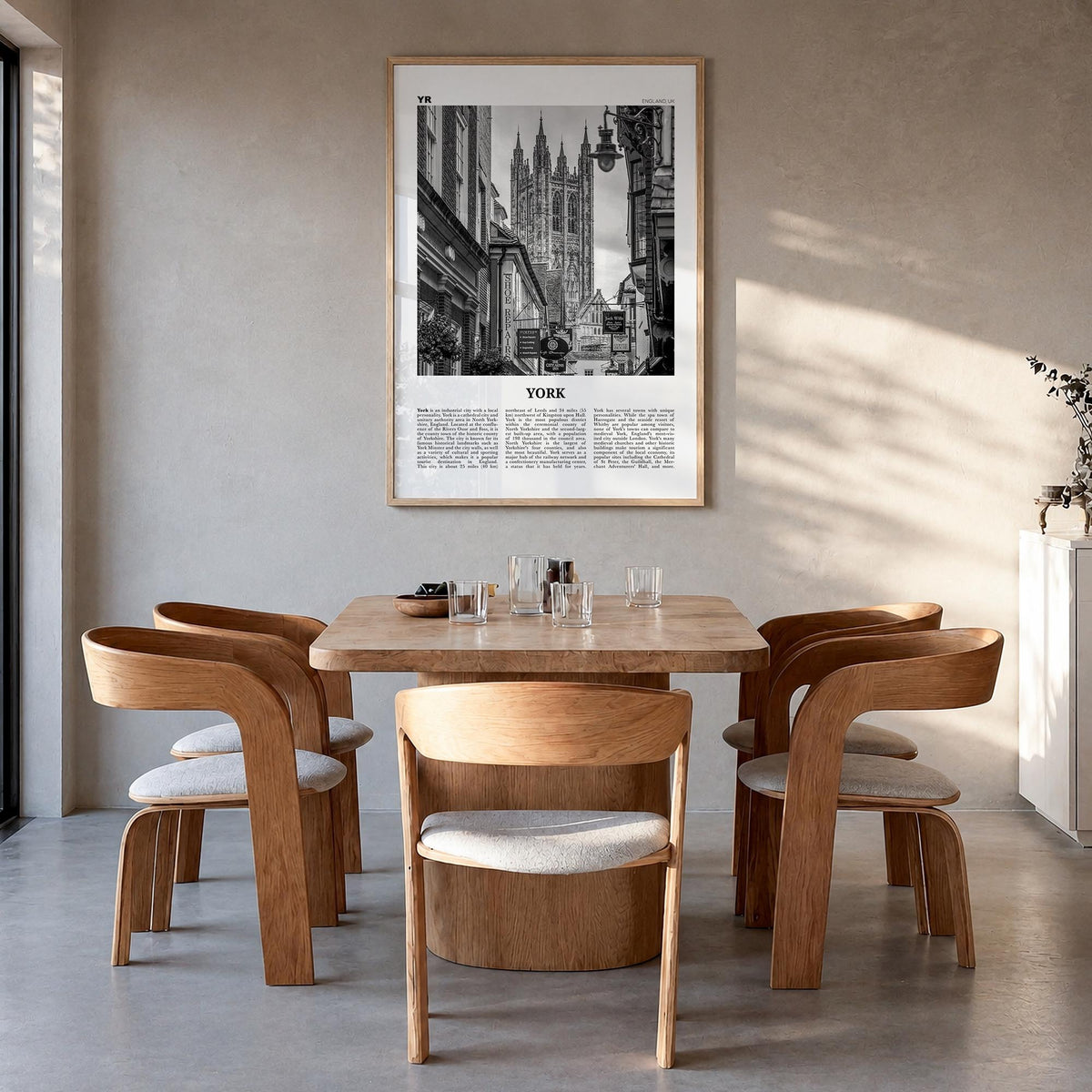 York, England black & white newspaper poster of United Kingdom – vertical wall art in natural wood frame, hanging on wall