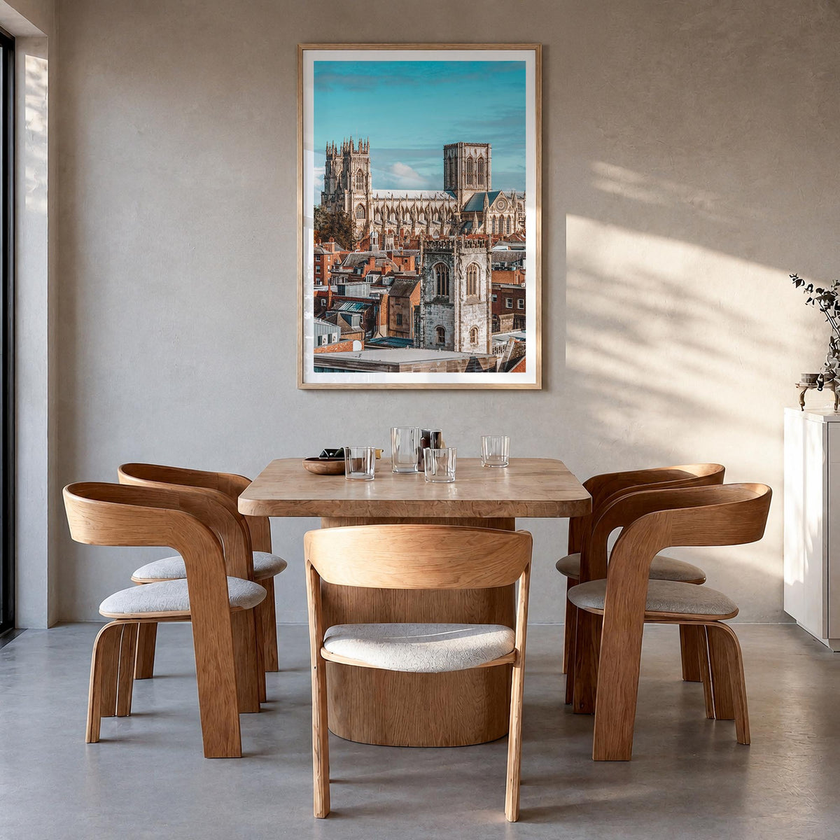 York, England colorful photo poster of United Kingdom – vertical wall art in natural wood frame with white border, hanging on