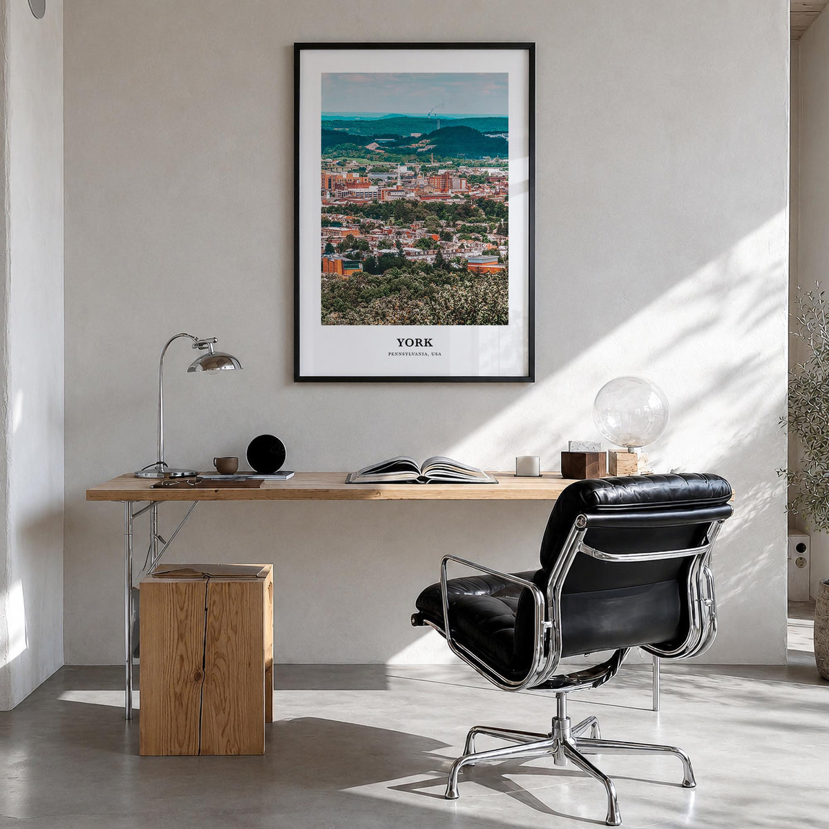 York, Pennsylvania colorful classic poster of Pennsylvania, USA – vertical wall art in black wood frame, hanging on wall