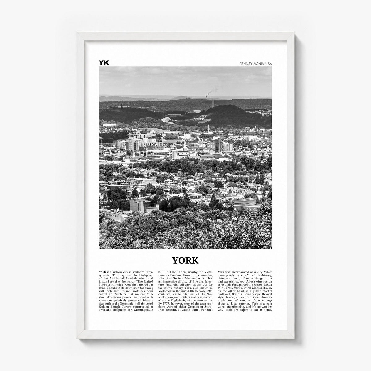 York, Pennsylvania Newspaper Poster in a white wood frame