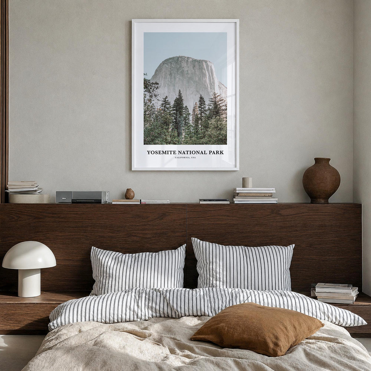 Yosemite National Park colorful classic poster of California, USA – vertical wall art in white wood frame, hanging on wall