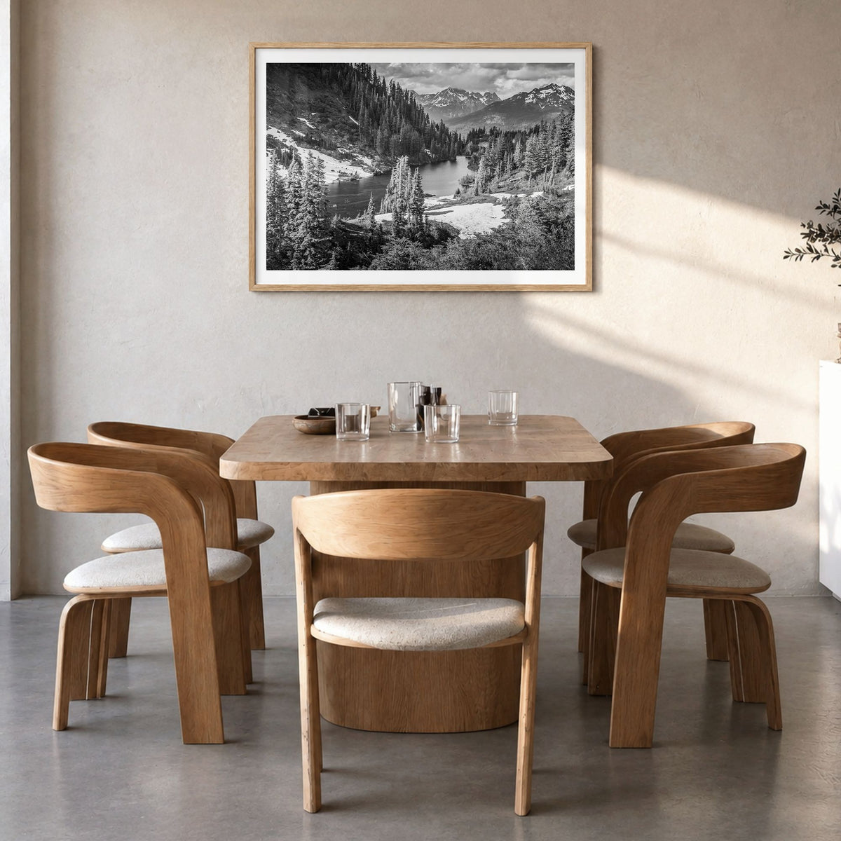 Yosemite National Park Photo No 1 Poster in a natural wood frame, hanging in a dining room, white border