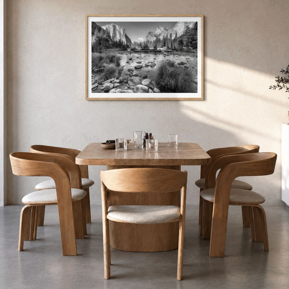 Yosemite National Park Photo No 2 Poster in a natural wood frame, hanging in a dining room, white border