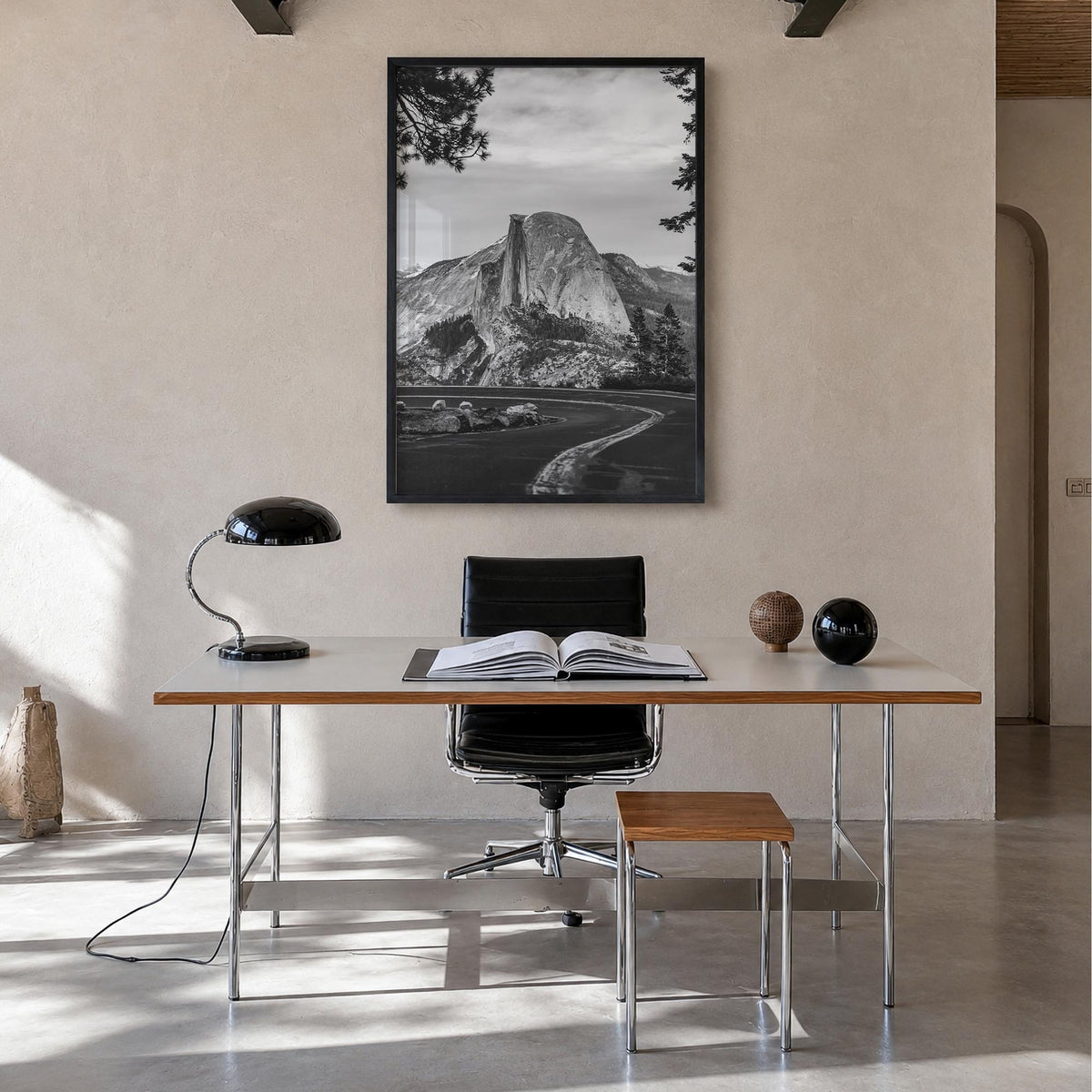 Yosemite National Park no. 1 black & white photo poster of California, USA – vertical wall art in black wood frame, hanging o