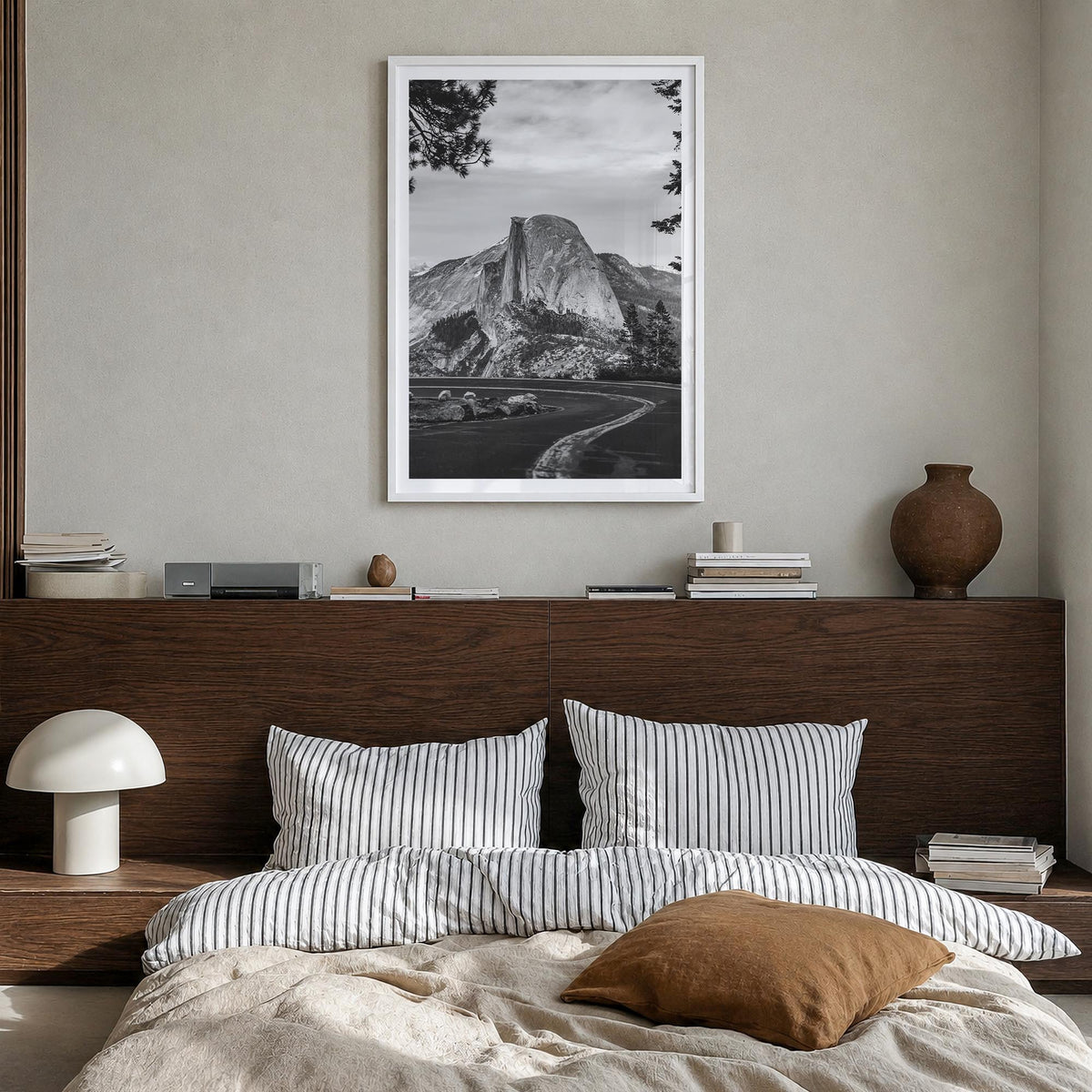Yosemite National Park no. 1 black & white photo poster of California, USA – vertical wall art in white wood frame with white