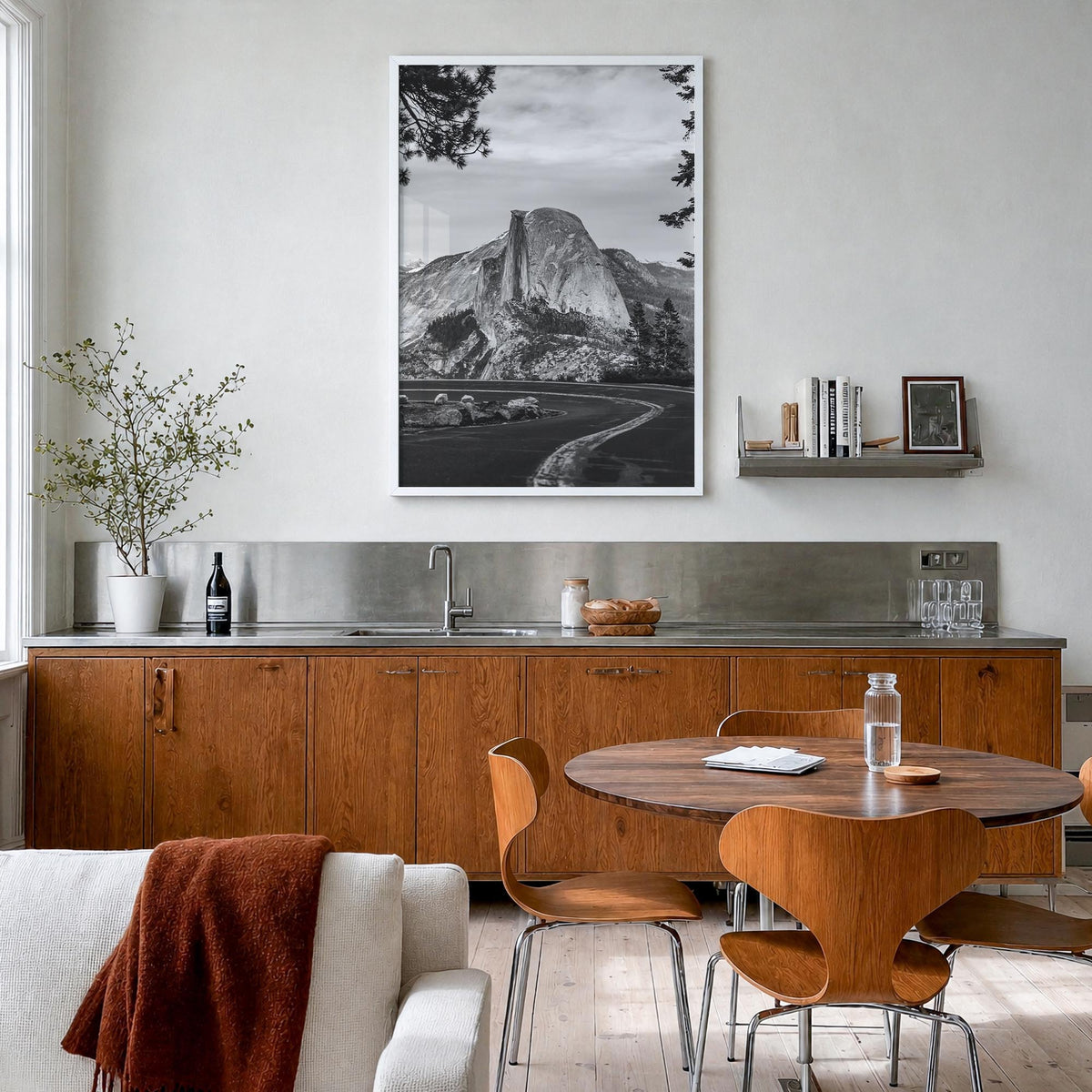Yosemite National Park no. 1 black & white photo poster of California, USA – vertical wall art in white wood frame, hanging o