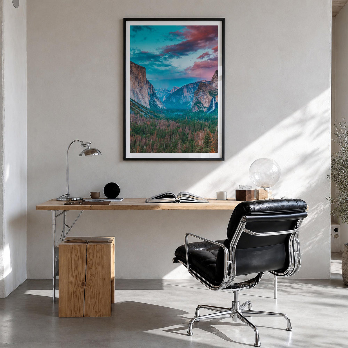 Yosemite National Park no. 1 colorful photo poster of California, USA – vertical wall art in black wood frame with white bord