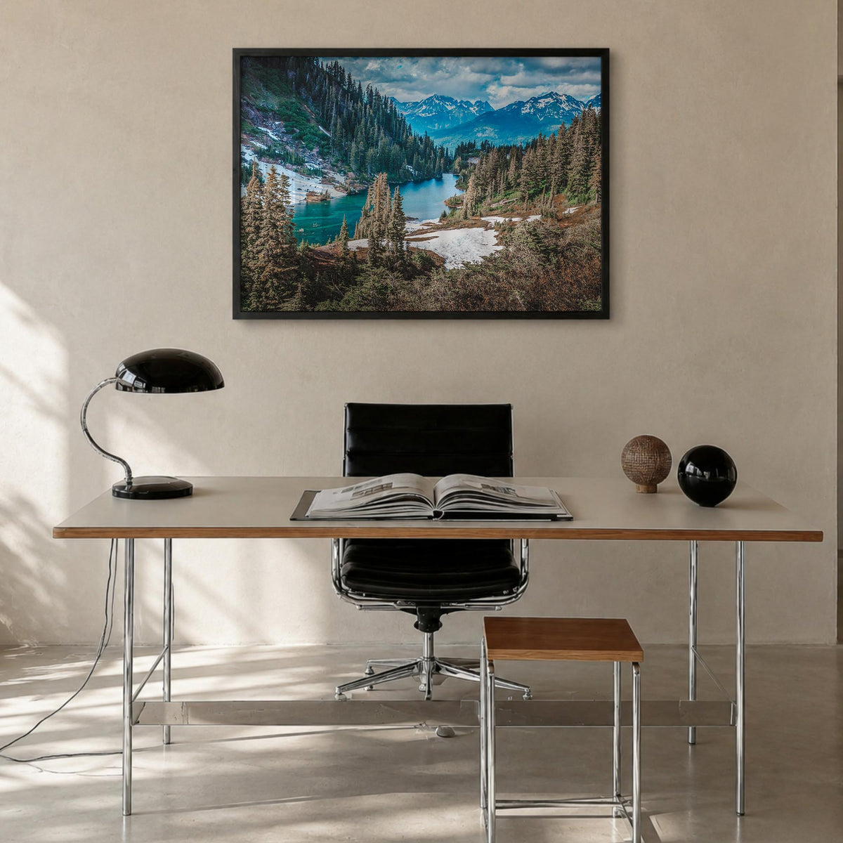Yosemite National Park no. 1 colorful photo poster of California, USA – horizontal wall art in black wood frame, hanging on w
