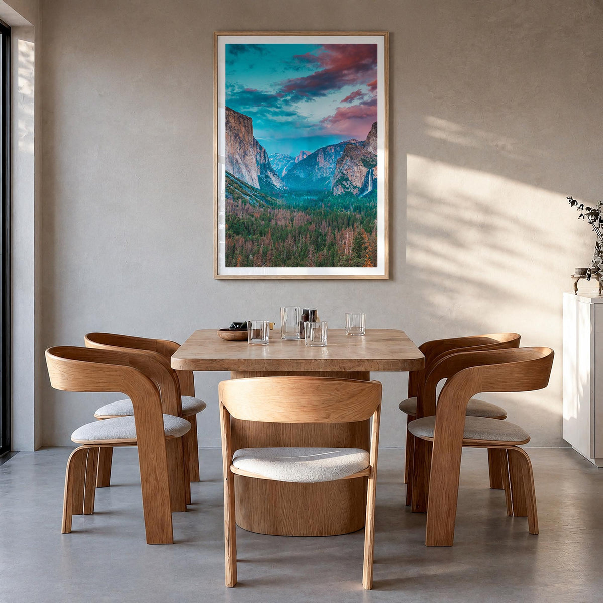 Yosemite National Park no. 1 colorful photo poster of California, USA – vertical wall art in natural wood frame with white bo