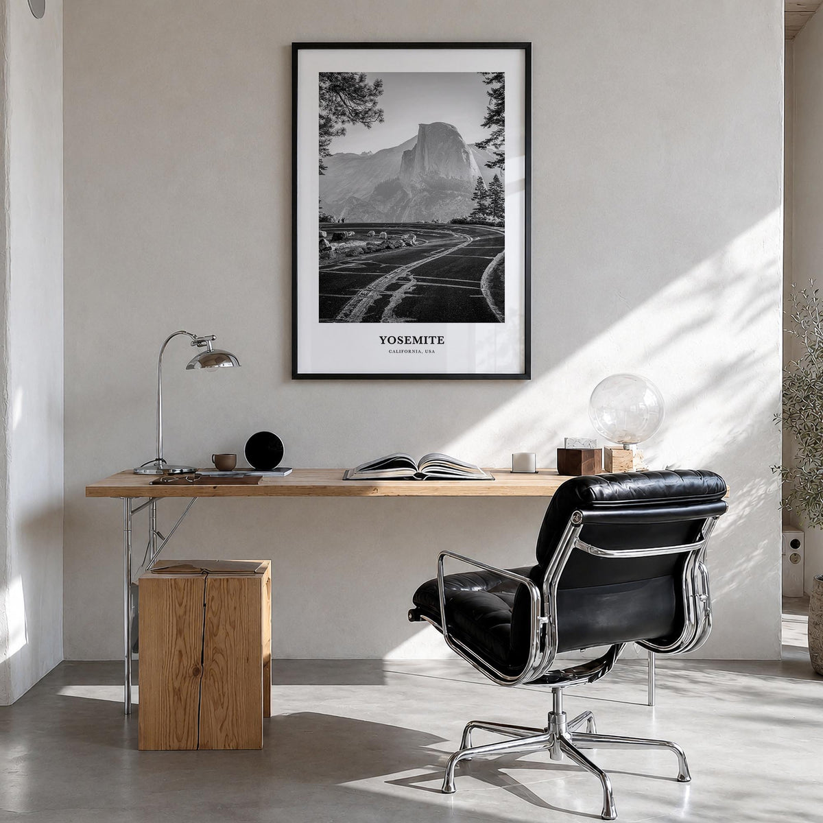 Yosemite National Park no. 2 black & white classic poster of California, USA – vertical wall art in black wood frame, hanging