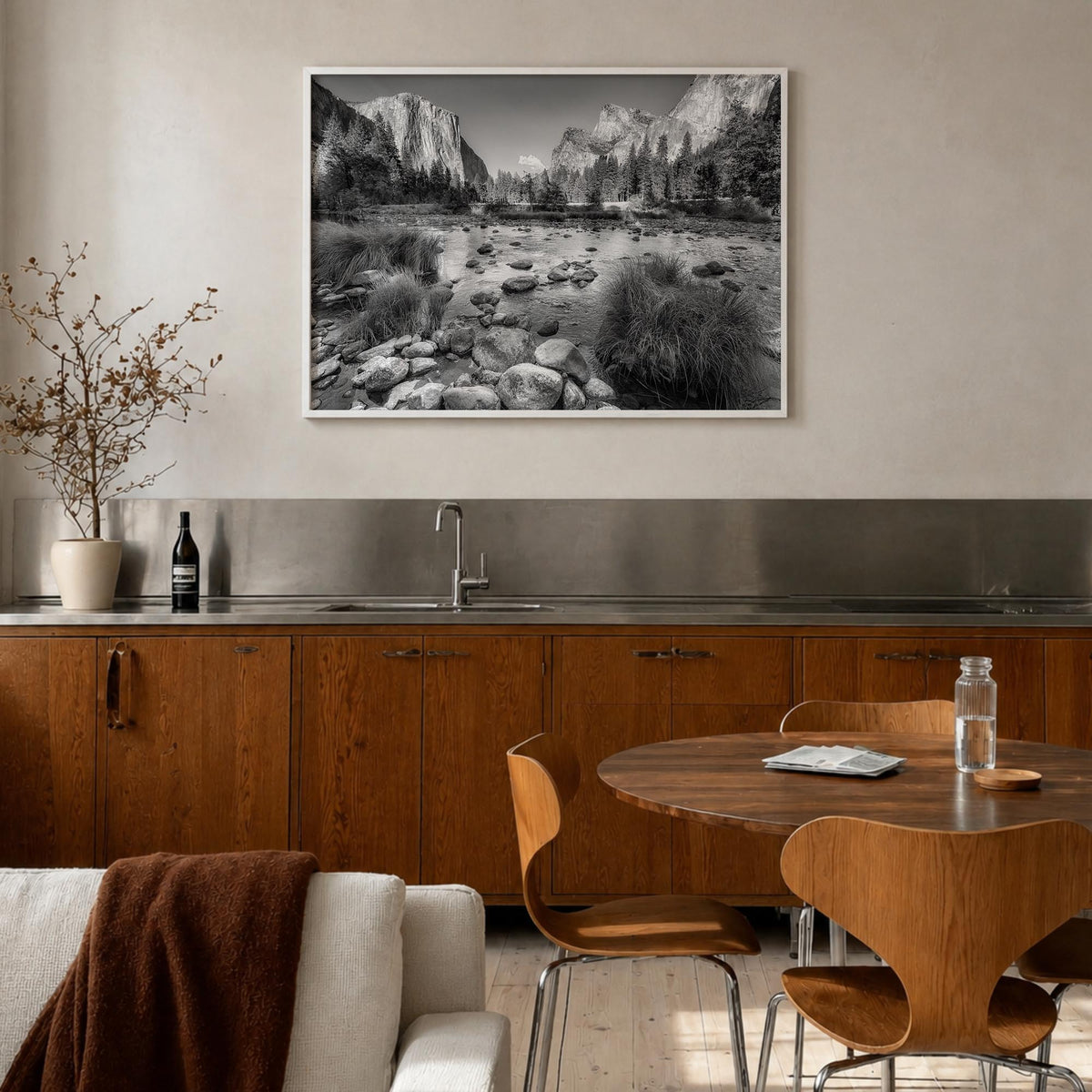 Yosemite National Park no. 2 black & white photo poster of California, USA – horizontal wall art in white wood frame, hanging