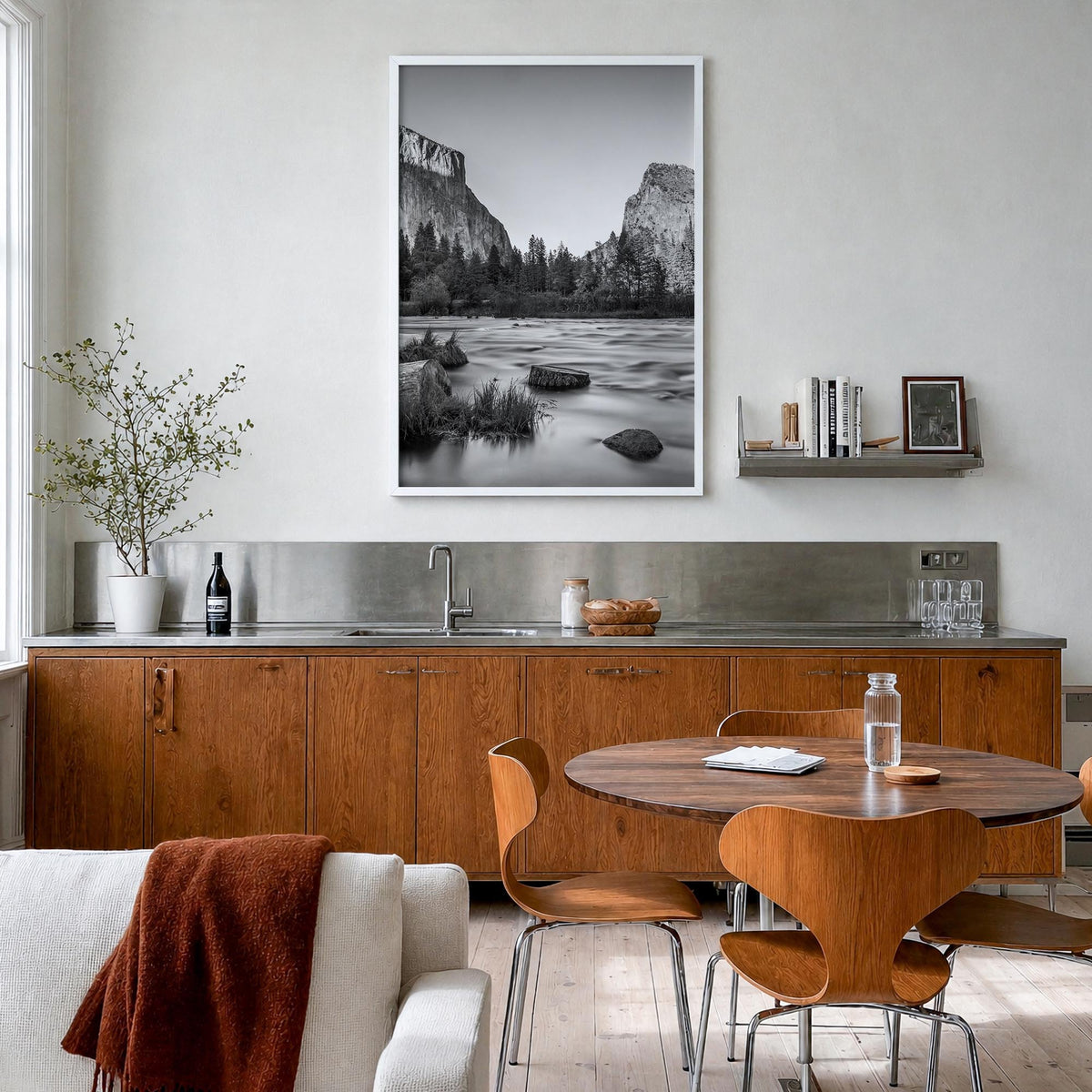 Yosemite National Park no. 2 black & white photo poster of California, USA – vertical wall art in white wood frame, hanging o