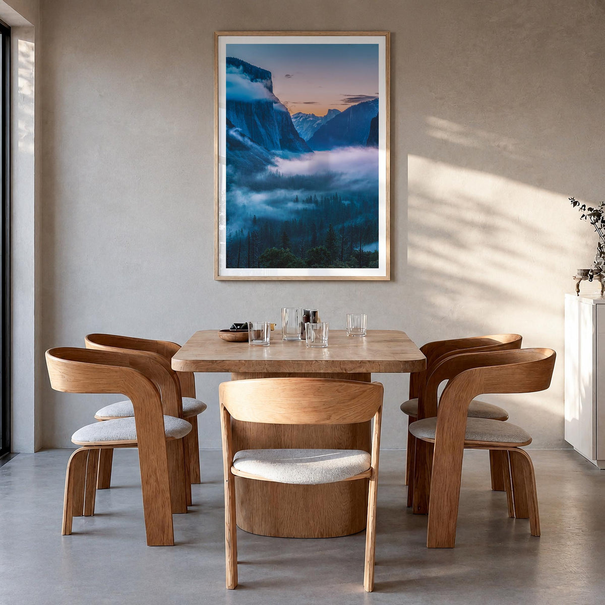 Yosemite National Park no. 2 colorful photo poster of California, USA – vertical wall art in natural wood frame with white bo