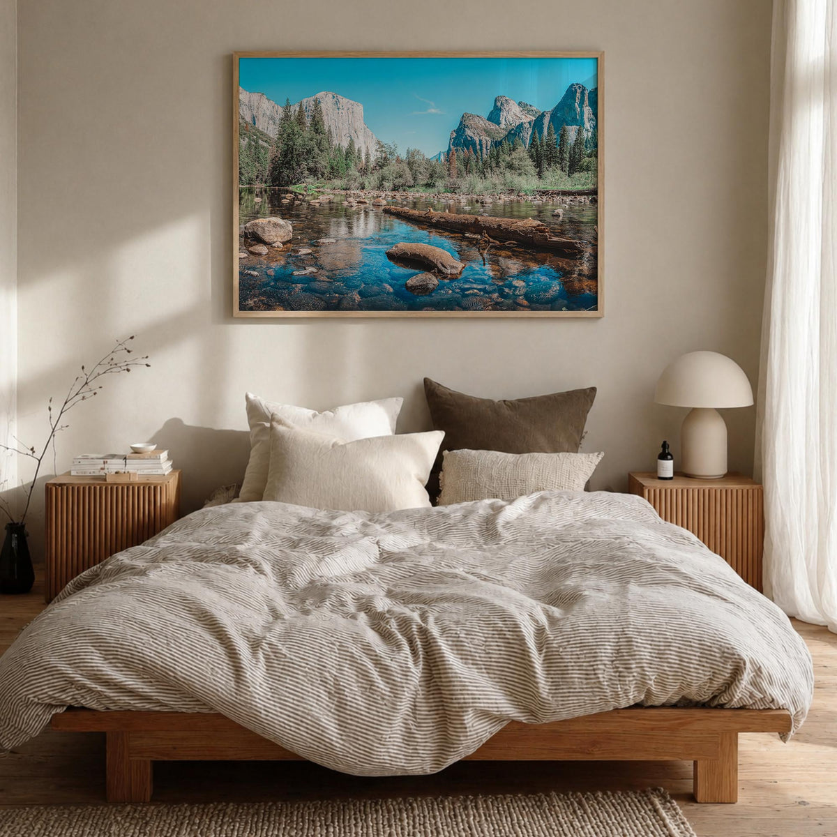 Yosemite National Park no. 2 colorful photo poster of California, USA – horizontal wall art in natural wood frame, hanging on