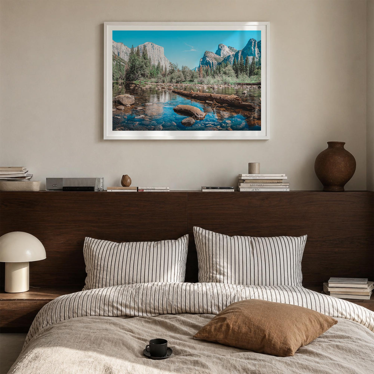 Yosemite National Park no. 2 colorful photo poster of California, USA – horizontal wall art in white wood frame with white bo