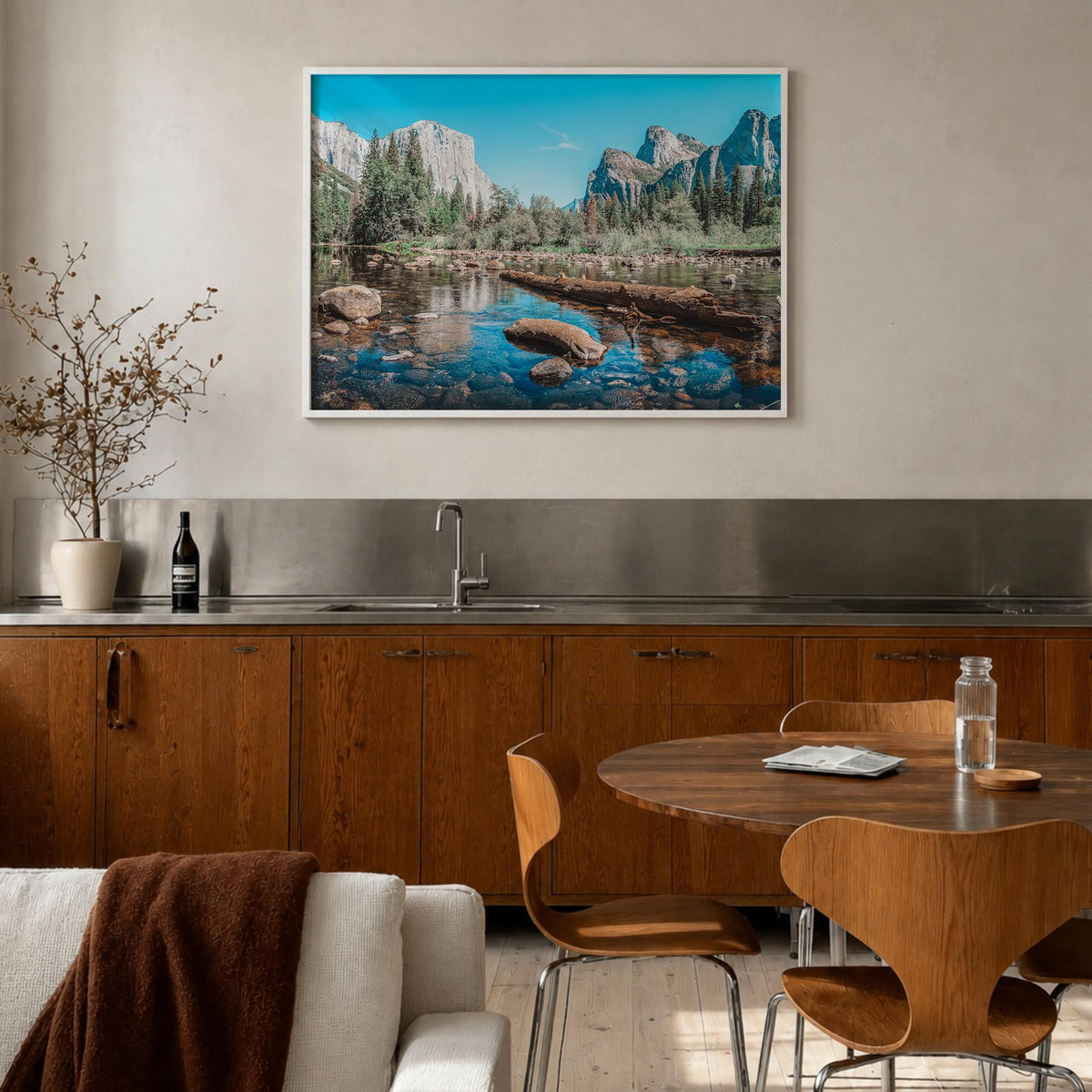 Yosemite National Park no. 2 colorful photo poster of California, USA – horizontal wall art in white wood frame, hanging on w