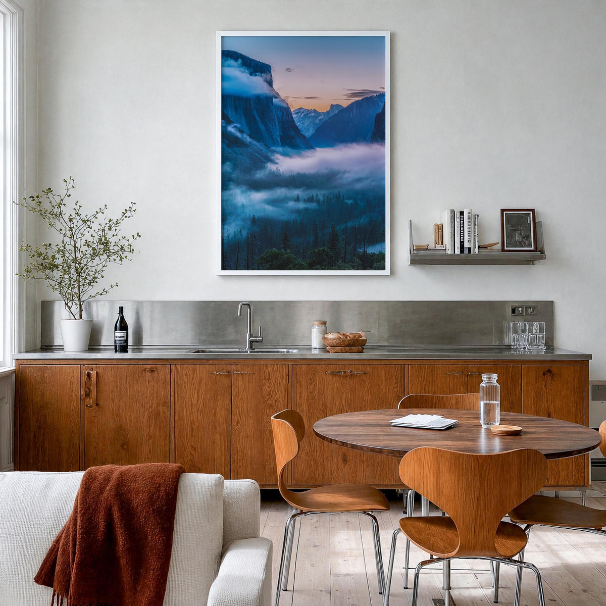 Yosemite National Park no. 2 colorful photo poster of California, USA – vertical wall art in white wood frame, hanging on wal