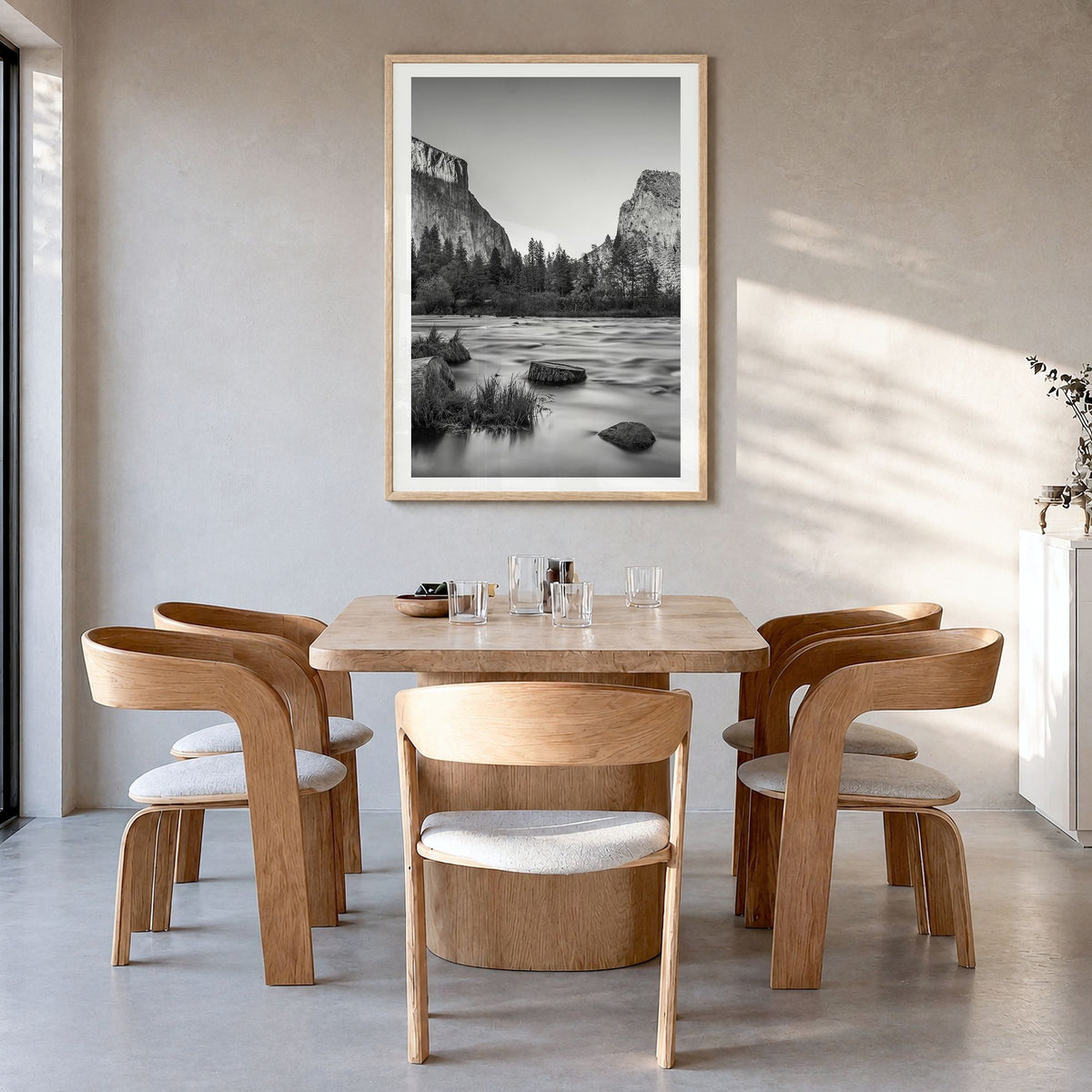 Yosemite National Park Photo No 2 Poster in a natural wood frame, hanging in a dining room, white border