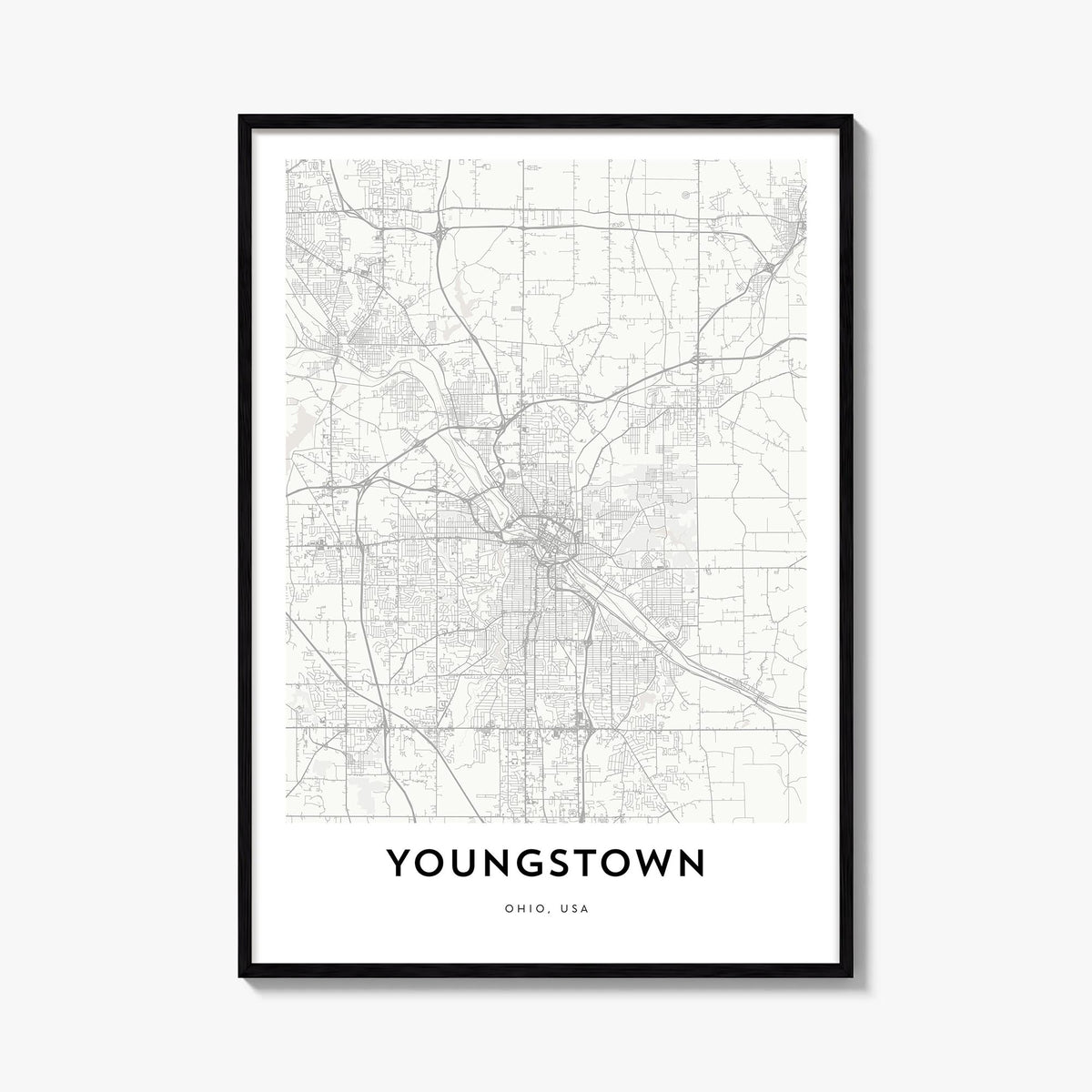 Youngstown black & white map poster of Ohio, USA – vertical wall art, unframed print shown in interior mockup
