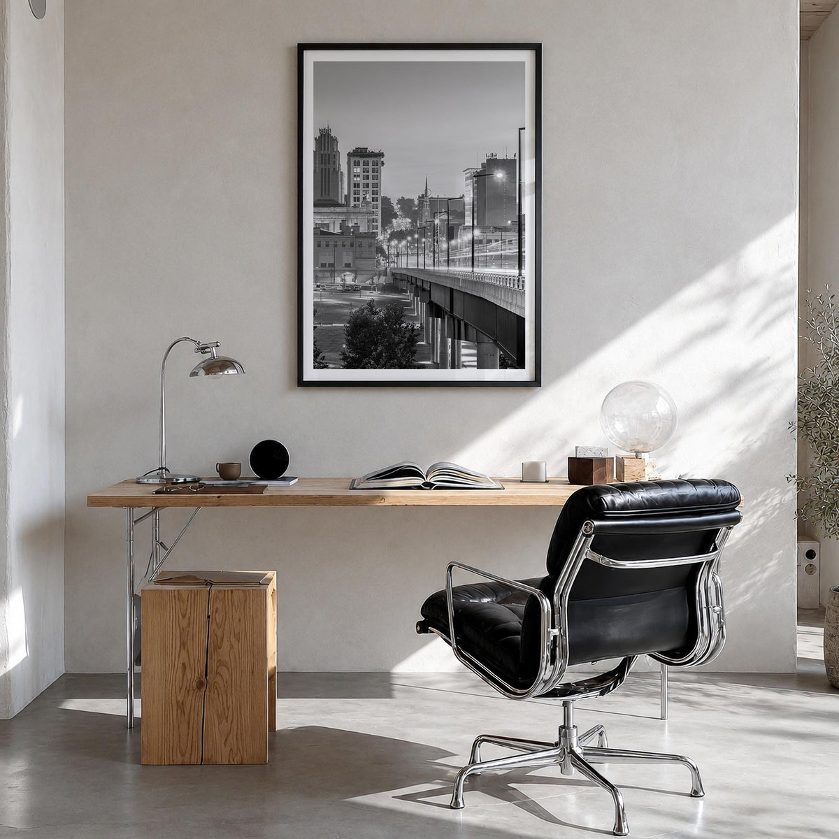 Youngstown black & white photo poster of Ohio, USA – vertical wall art in black wood frame with white border, hanging on wall